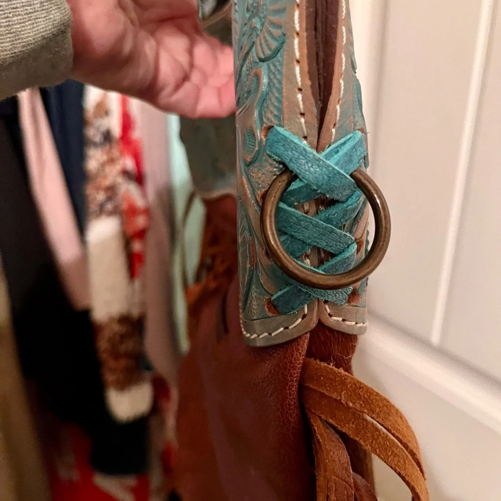 American Darling Turquoise and Brown Embossed Shoulder Bag - Picture 3 of 9